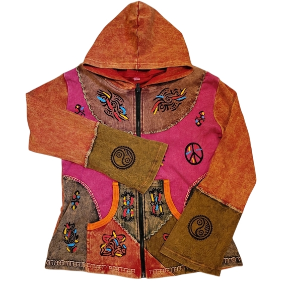 Hand Painted Bohemian Hippie Embroidered Colorful Cotton Hoodie Jacket Womens XL - Picture 1 of 14